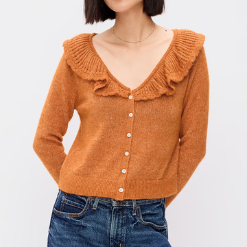 Opengewerkte Gebreide Cardigan Met Rucheskraag, V-Hals, Knopen En Lange Mouwen