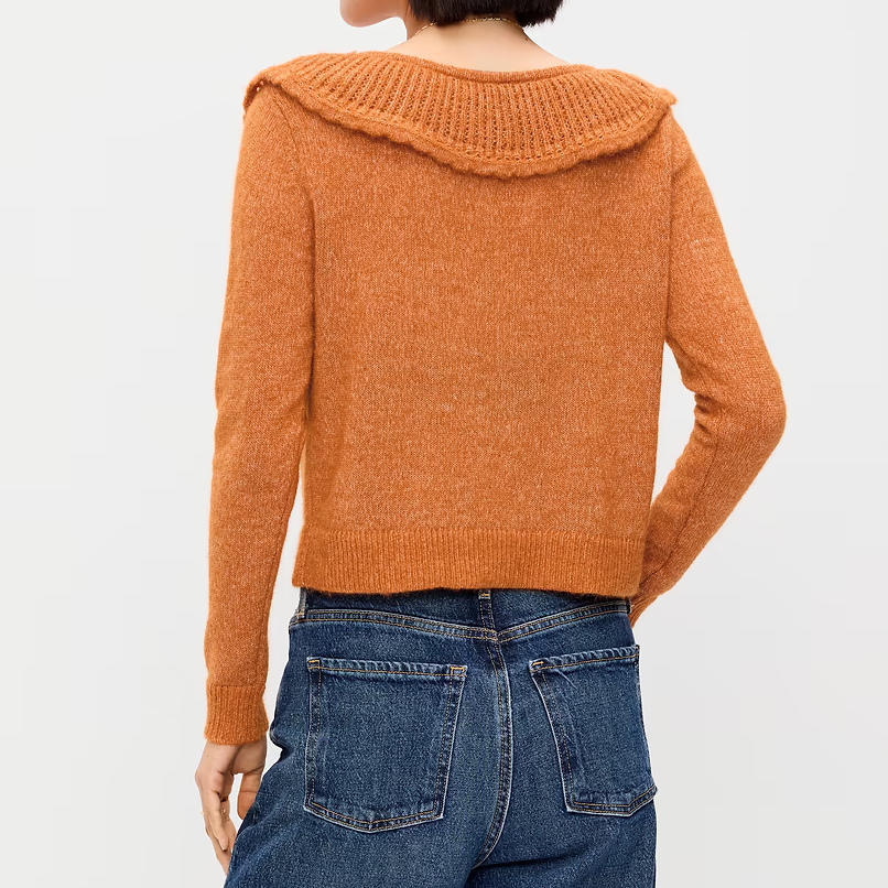 Opengewerkte Gebreide Cardigan Met Rucheskraag, V-Hals, Knopen En Lange Mouwen