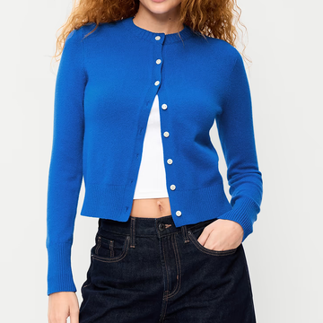 Felblauwe Korte Gebreide Cardigan Met Ronde Hals, Knopen En Lange Mouwen