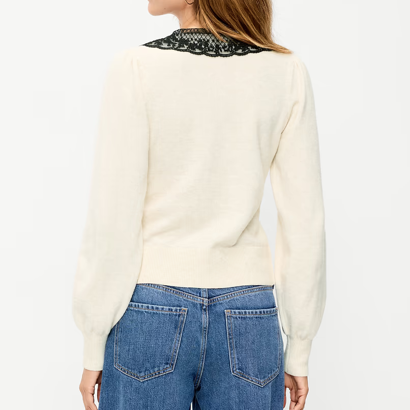 Gebreide Cardigan Met Kanten Kraag, V-Hals, Knopen En Lange Pofmouwen